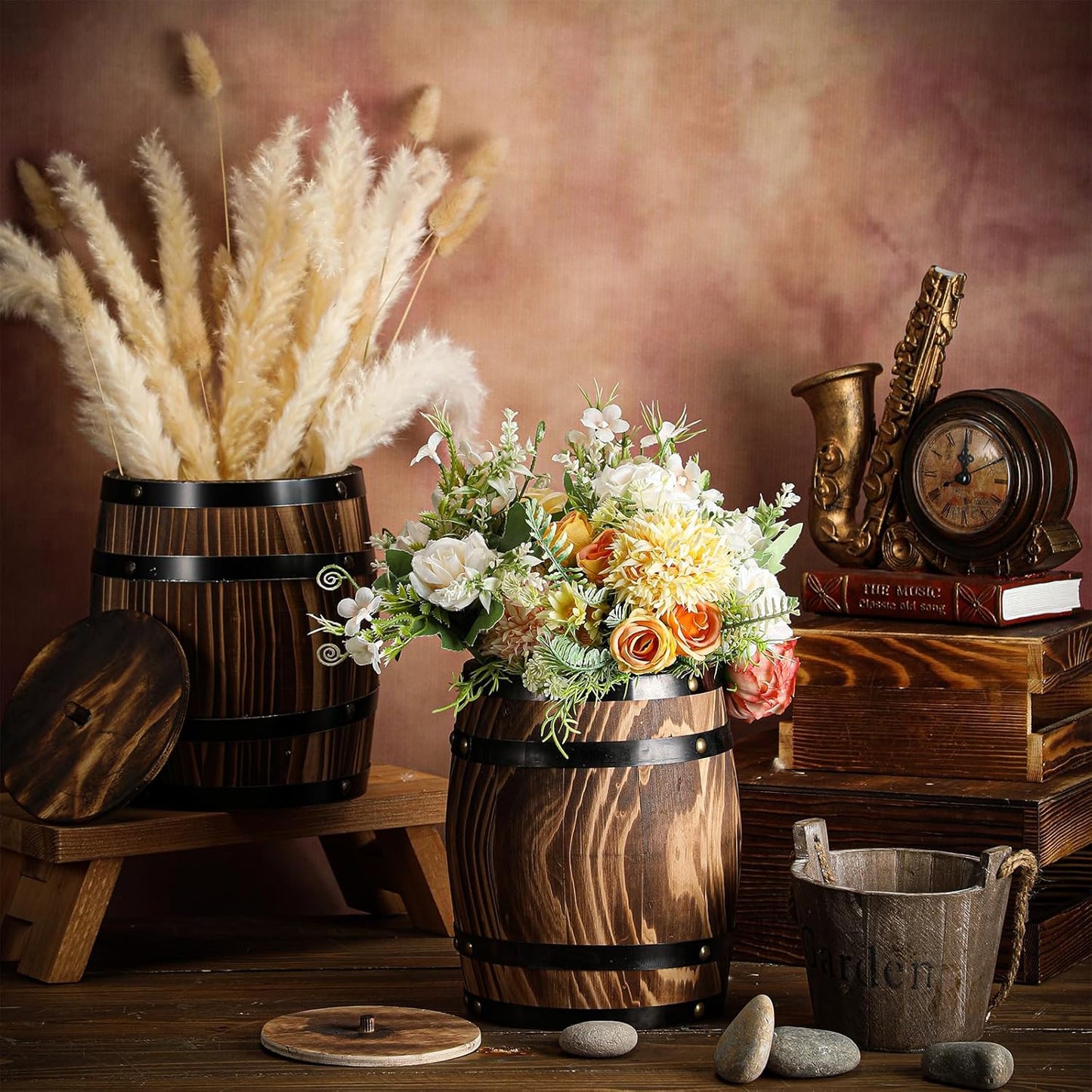 4 Pcs Wood Wine Barrel Vase 8" x 6.5" Vintage Flower Vase Container Rustic Barrel Planter for Wedding Reception Table Decoration Home Indoor Outdoor Garden Kitchen Party