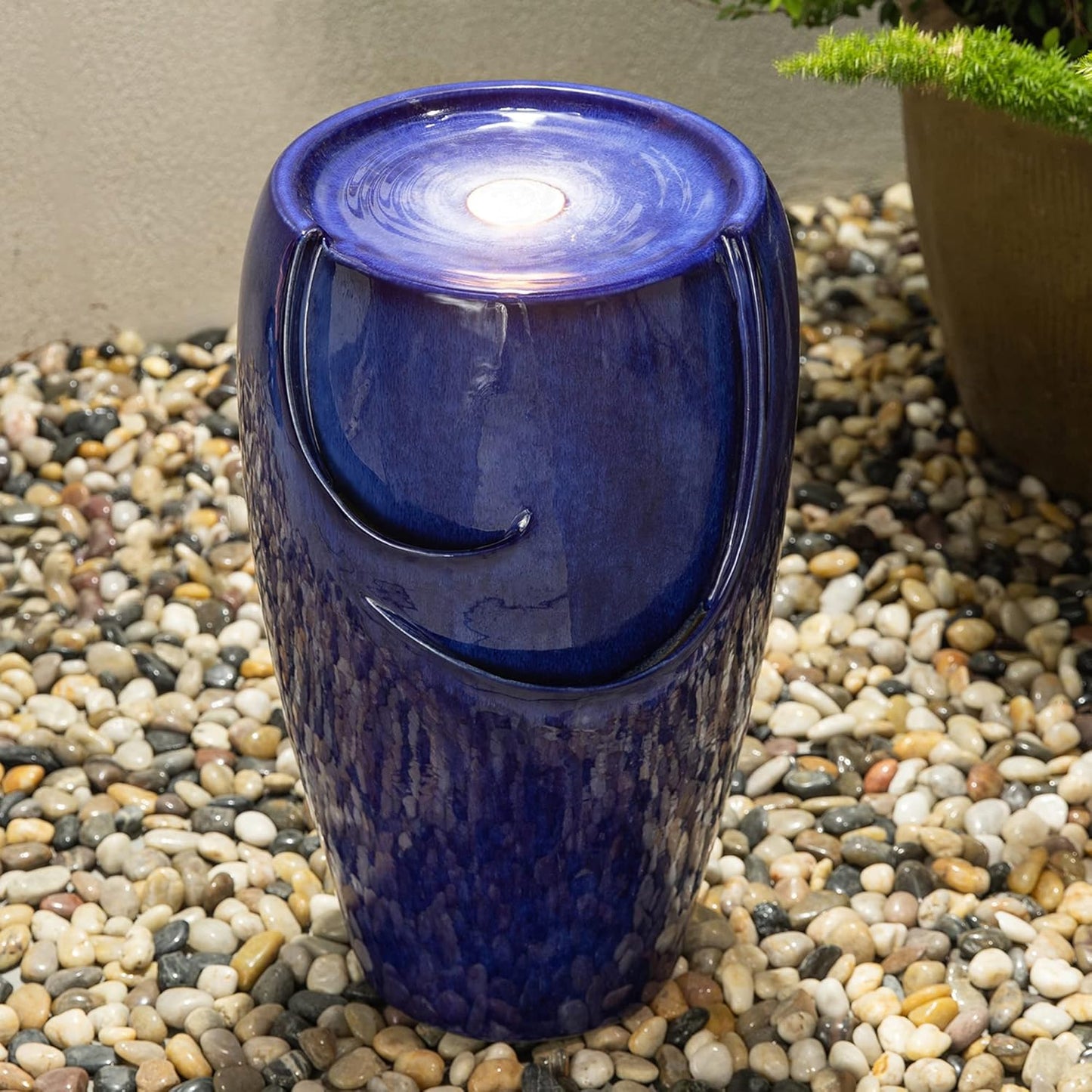 Glitzhome Ceramic Vase Outdoor Water Fountain Tall Patio Garden Water Fountain with LED Light and Submersible Pump Yard Art Decor, 20.5”H, Blue