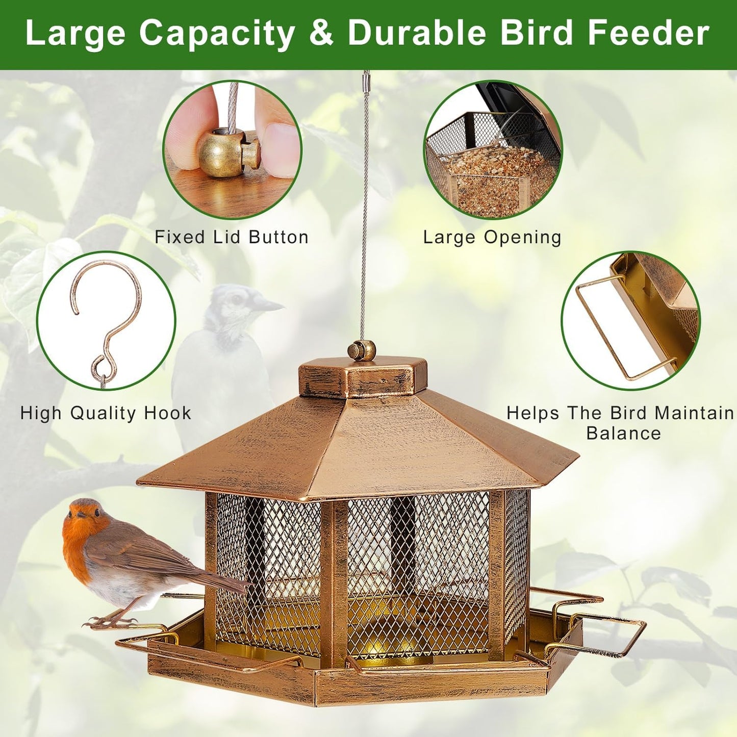 Metal Bird Feeder for Outdoor Hanging, 4.6LB Large Capacity, Garden Decoration - Attracts Wild Birds, Durable Outdoor Bird Feeding Station for Garden Yard Outside Backyard (Extra Large Gold)