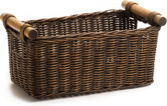 The Basket Lady Petit Pole Handle Wicker Storage Basket, Medium, 12 in L x 6.5 in W x 6 in H, Antique Walnut Brown