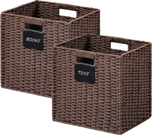 UBBCARE 2 Pack Wicker Basket, 12×12 Storage Cubes with Label, Foldable Cube Storage Bin with Handle, Square Storage Basket for Shelves, Woven Paper Rope Basket for Organizing, Brown