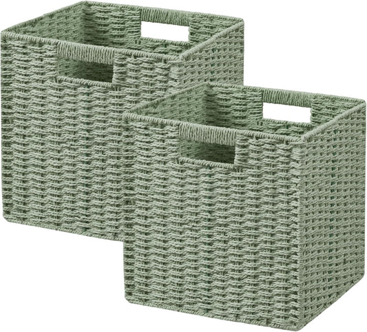 UBBCARE 2 Pack Wicker Basket, 11.8L×11.8H×11W inch Woven Paper Rope Storage Baskets for shelves, Foldable Cube Storage bin with Handle, Storage Basket for Organizing & Decor, Green