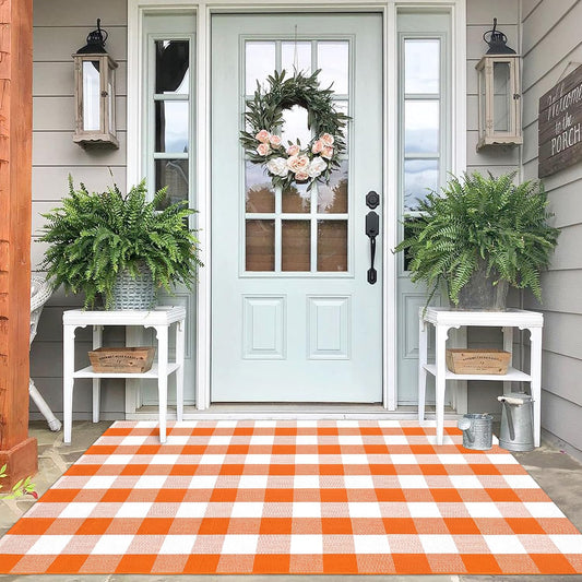 IOHOUZE Fall Buffalo Plaid Check Rug Outdoor Doormat 4x6 Ft Washable Woven Outdoor Indoor Welcome Mats for Front Door/Farmhouse/Entryway/Home Entrance Orange and White Outdoor Rug