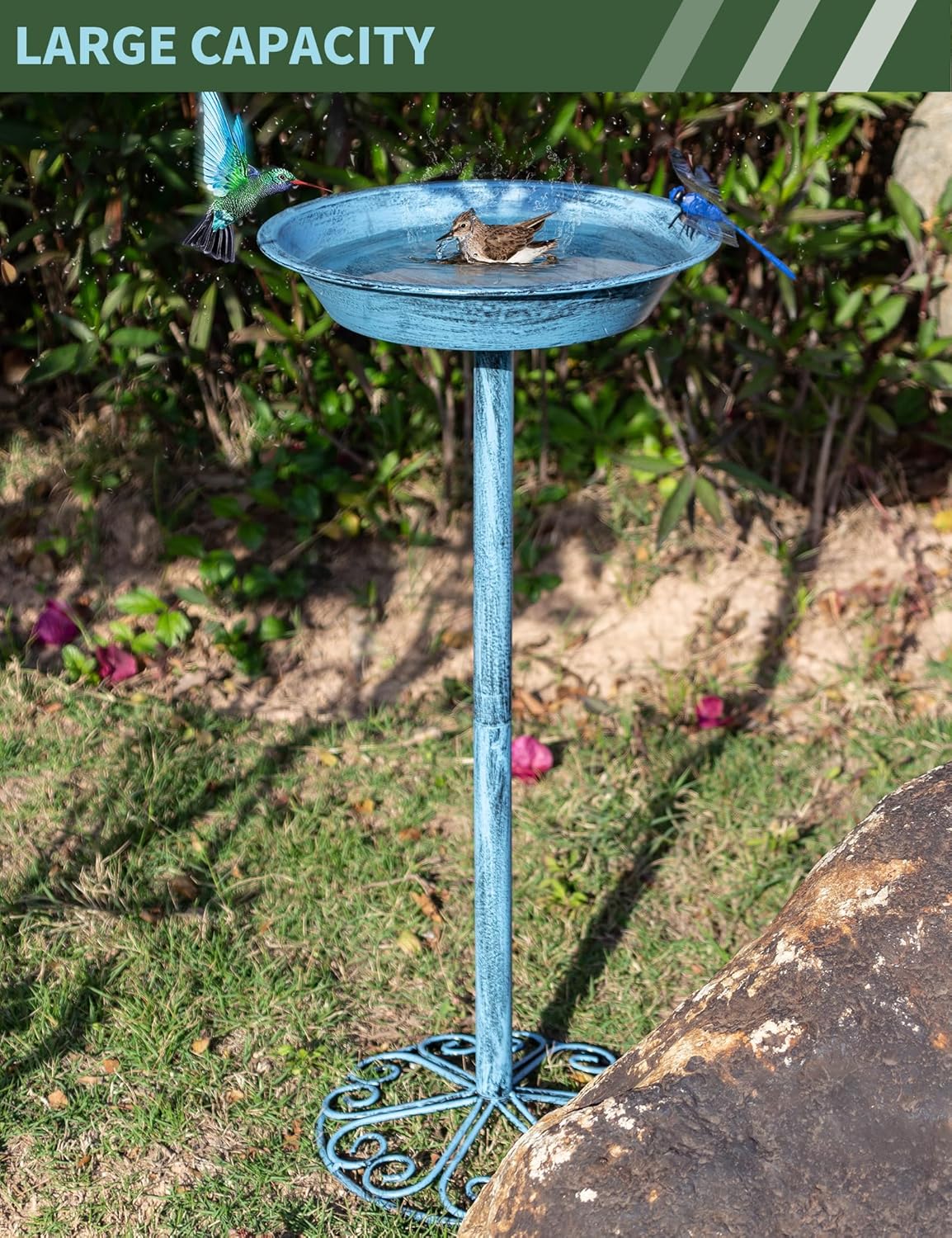 Bird Baths for Outdoors 25.5 Inch Height Outdoor Garden Bird Feeder Metal Birdbath with Dragonfly for Garden Yard and Lawn Decoration,Blue