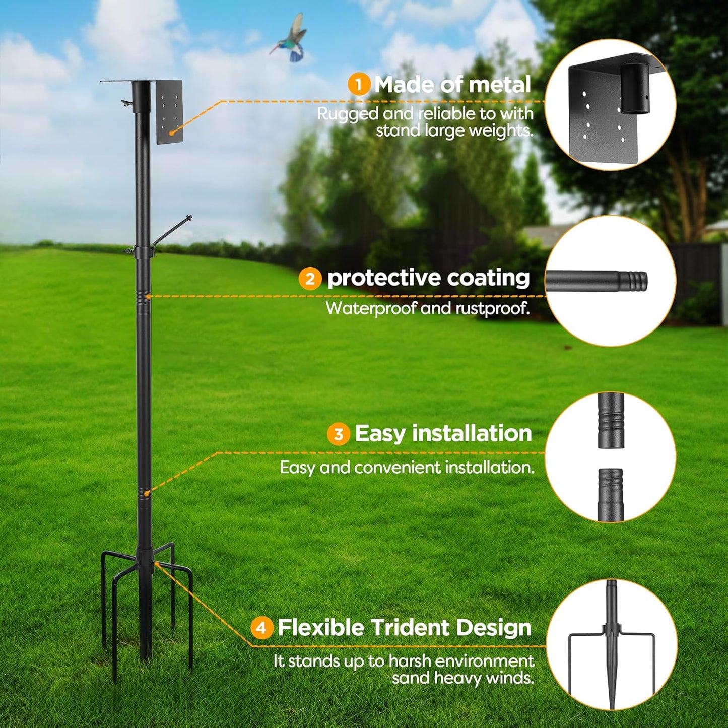 Bird House Pole Kit, Heavy-Duty Adjustable Pole for Outdoors with 5 Prongs Base,Metal Universal Support Pole for Bird Feeders,Solar Pannel,Black