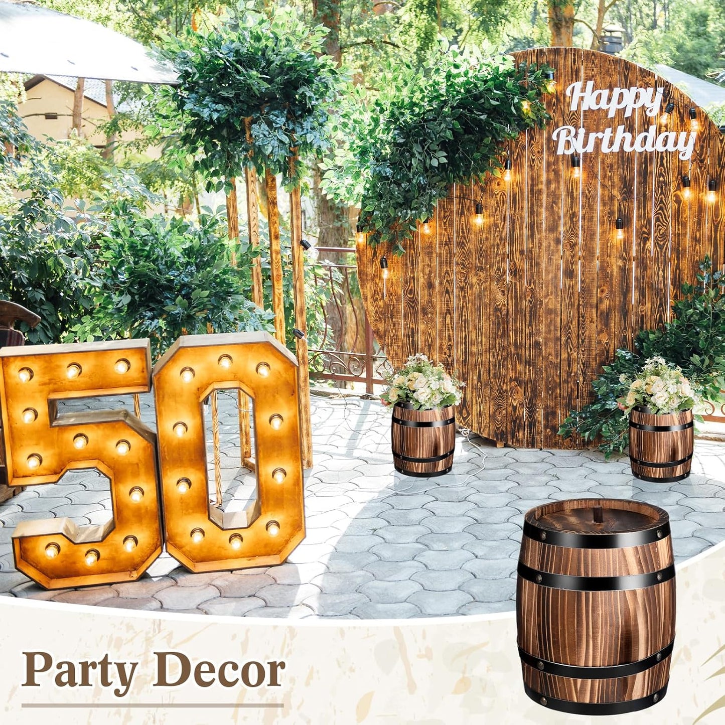 2 Pcs Wood Wine Barrel Vase 8" x 6.5" Vintage Flower Vase Container Rustic Barrel Planter for Wedding Reception Table Decoration Home Indoor Outdoor Garden Kitchen Party