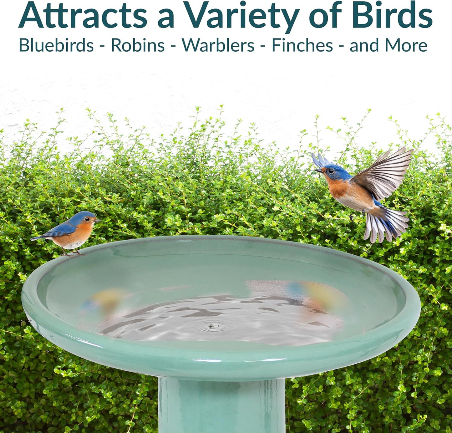 Sunnydaze 21" H Ceramic Bird Bath for Outside - Hand-Painted Outdoor Bird Bath Bowl, UV/Frost-Resistant Finish - Seafoam - Cut Out Pedestal