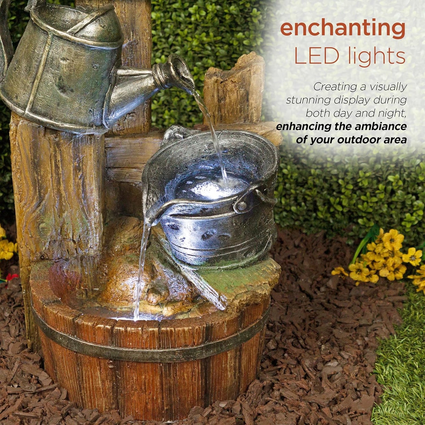 Alpine Corporation TZL280 Watering Can Barrel Birdhouse Fountain w/White LED Lights, Stylish Décor for Garden & Patio, 32" H